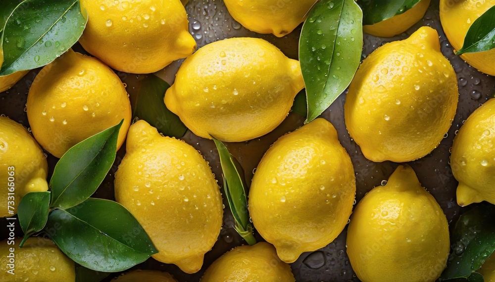 Fresh and juicy lemons with leaves, water droplets. Tasty and sweet citrus fruits.