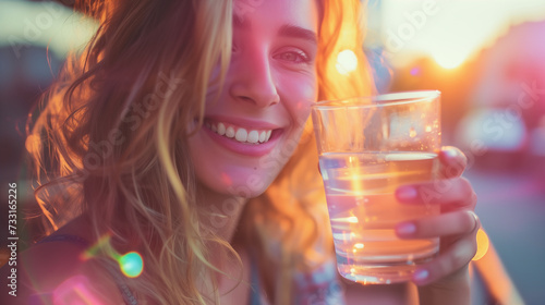 Bright and colorful picture of a beautiful blond girl drinking water 