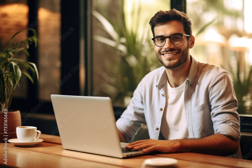 Happy young man satisfied with work at office. Happy young man satisfied with work at office.