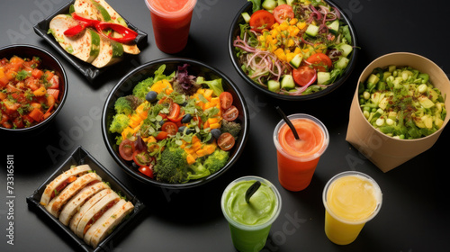 Healthy take away food and drinks, Fresh salad, soup, poke bowl, fruits, coffee and juice. top view.
