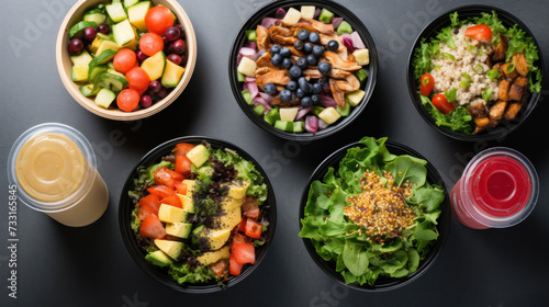 Healthy take away food and drinks  Fresh salad  soup  poke bowl  fruits  coffee and juice. top view.