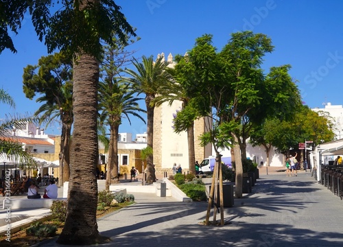 Plaza de Santa Catalina with palms and trees with a view towards the Torre de Guzman, Conil de la Frontera, Costa de la Luz, Andalusia, Spain