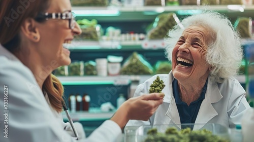 Cannabis and laughing pharmacist with customer, selling cannabis photo
