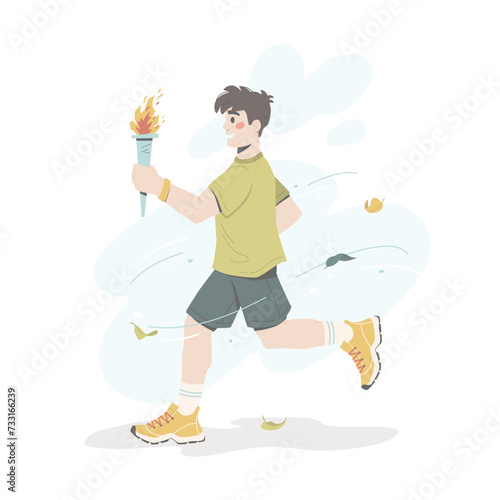 Athlete carries the Olympic flame. Traditional Olympic torch relay. A man runs and holds the symbol of the Olympic Games