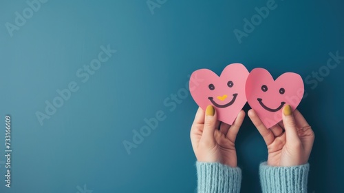 Hand Holding a Pink Paper Smile Symbolizing Emotional Mental Health and Love on a Blue Background, Top-down view, Heart-Shaped Smiley, Support Positivity, Wellness, and Happiness Concept