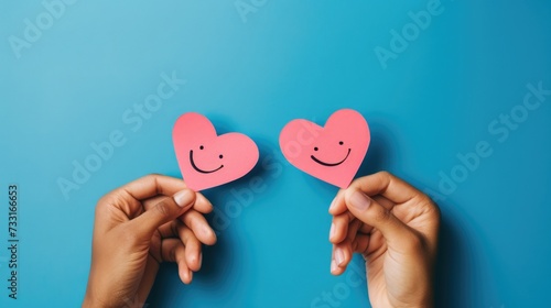 Hand Holding a Pink Paper Smile Symbolizing Emotional Mental Health and Love on a Blue Background, Top-down view, Heart-Shaped Smiley, Support Positivity, Wellness, and Happiness Concept