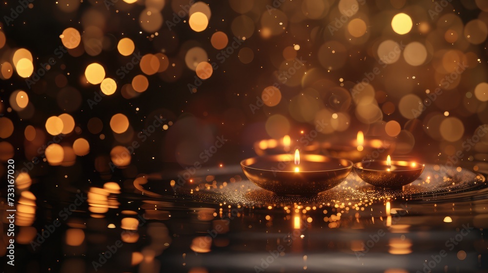 Diya lamps on a reflective base with glittering bokeh Diya lamps on a reflective base with glittering bokeh
