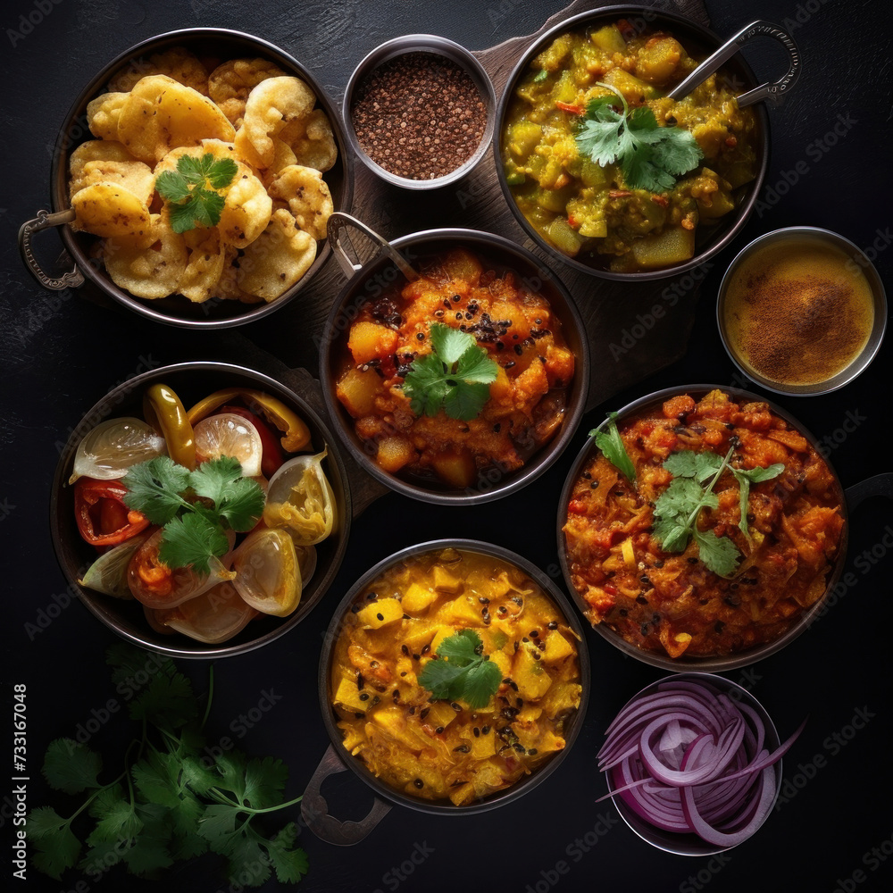 Indian food in bowls on dark table. top view. Indian food in bowls on dark table. top view.