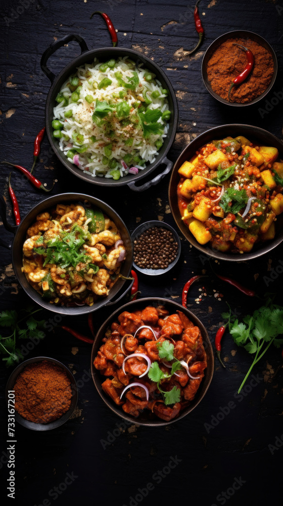 Indian food in bowls on dark table. top view. Indian food in bowls on dark table. top view.