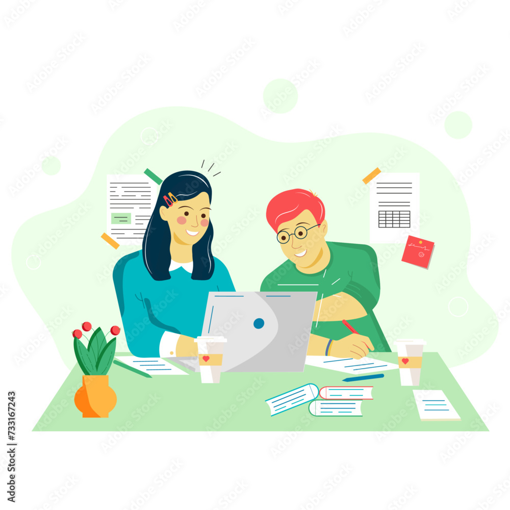 Vector image of students sitting at a laptop in online training Vector image of students sitting at a laptop in online training