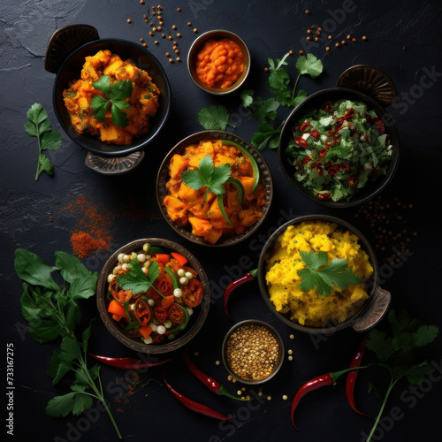 Indian food in bowls on dark table. top view.