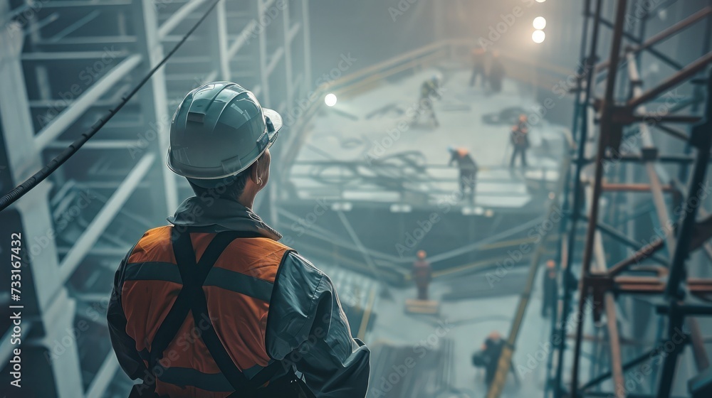Engineer technician watching team of workers on high steel platform,Engineer technician Looking Up and Analyzing an Unfinished Construction Project. Engineer technician watching team of workers on high steel platform,Engineer technician Looking Up and Analyzing an Unfinished Construction Project.