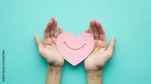Hand Holding a Pink Paper Smile Symbolizing Emotional Mental Health and Love on a Blue Background, Top-down view, Heart-Shaped Smiley, Support Positivity, Wellness, and Happiness Concept
