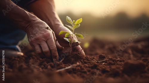 Farmer's hands planting sprout, symbolizing crop production