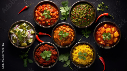 Indian food in bowls on dark table. top view.