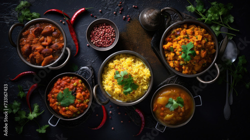 Indian food in bowls on dark table. top view.