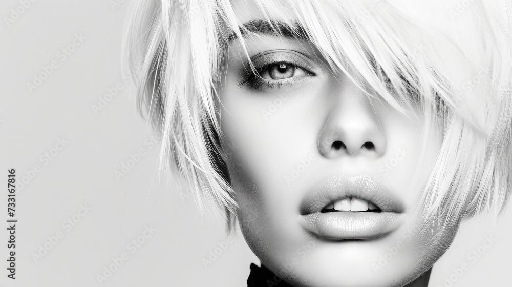 Fashion Stylish Beauty Portrait with White Short Hair. Beautiful Girl's Face Close-up. Haircut. Hairstyle. Fringe. Professional Makeup. Make-up. Vogue Style Woman. Isolated on a White Background