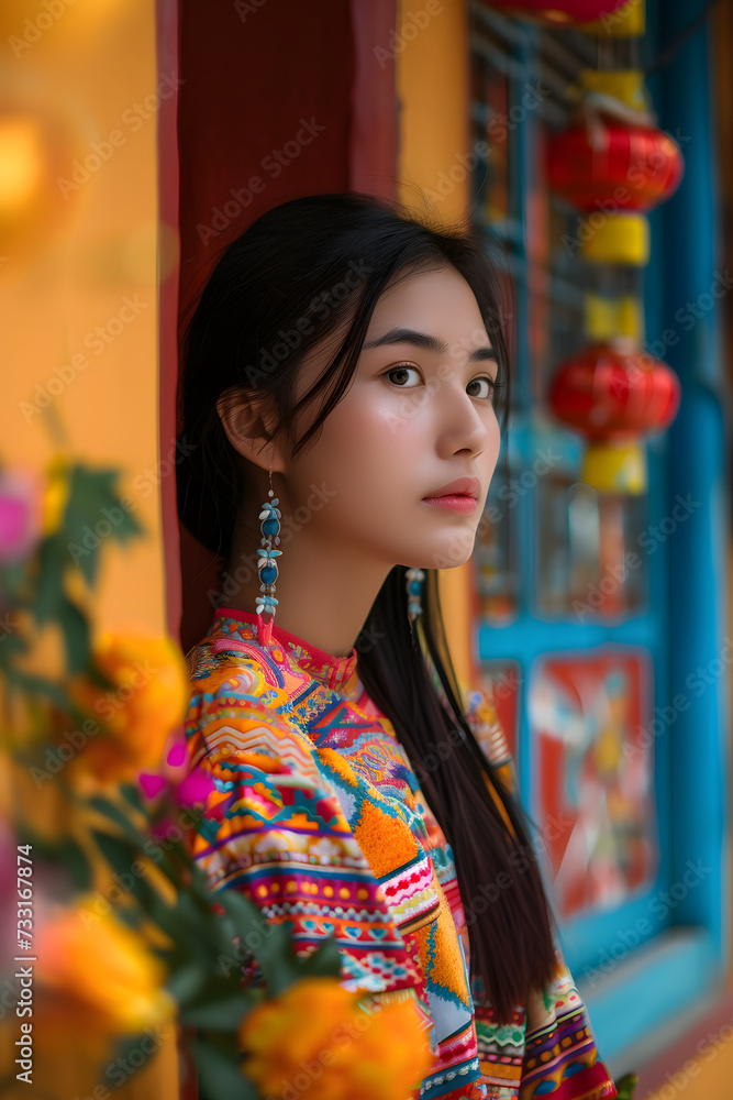 Portrait of a beautiful Asian woman in a colorful outfit Portrait of a beautiful Asian woman in a colorful outfit