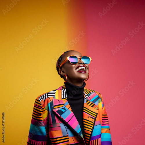 young black woman spectacled smiling in a studio girl with makeup standing against an on a rainbow background bright colored clothes red orange background portrait suit dress national clothes colors