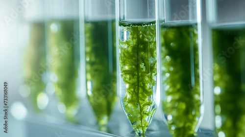Green algae in a test tube in a laboratory, biology, science, genetically modified plants Green algae in the water structure of the reproduction of organisms photo