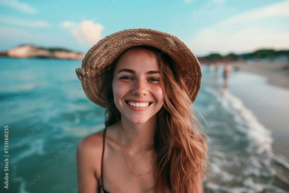 Happy beautiful young woman smiling at the beach side. Holiday vacation.