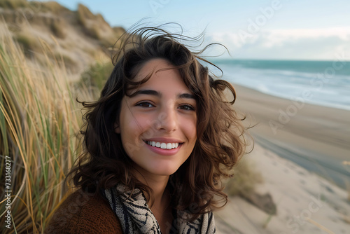 Happy beautiful young woman smiling at the beach side. Holiday vacation.