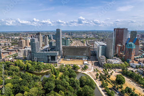The drone aerial view of Hague City Skyline with urban skycrapers. The Hague (Den Haag) is a city and municipality of the Netherlands. © yujie
