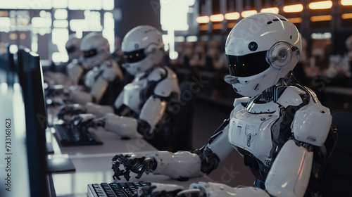 Wallpaper Mural Group of white robots sitting and working with computers in futuristic modern office Torontodigital.ca