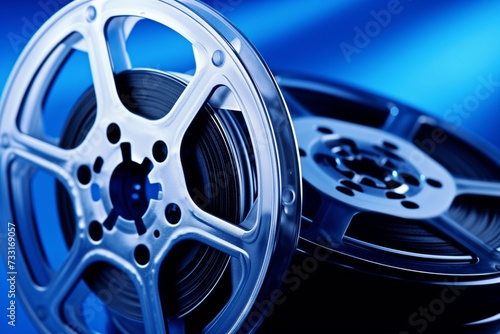 A close-up shot of two vintage film reels with a vivid blue background evokes the golden age of cinema. The metallic sheen and precise detail on the reels highlight the elegance and craftsmanship of photo