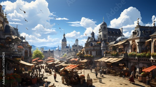 A top view of a bustling market square with vendors and shoppers, with blue skies and fluffy clouds overhead, capturing the vibrant energy of a lively urban scene