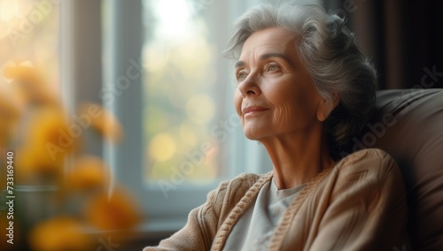 an older woman is sitting on the couch and looking out the window