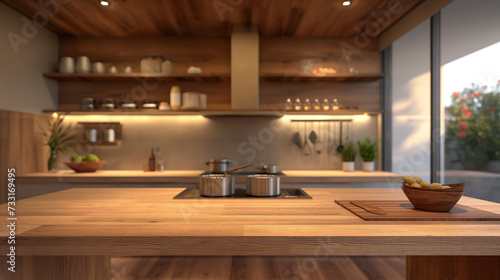 This picture shows a kitchen interior above a wooden counter, blurred interior of a wooden house, a white empty room. Modern dining table background kitchen worktop display table surface design