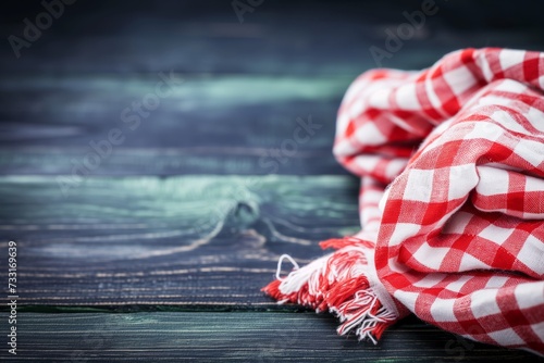 A red and white checkered kitchen towel is casually draped over a dark wooden surface, evoking a sense of home and comfort. The focus on the texture and pattern of the towel against the rustic photo
