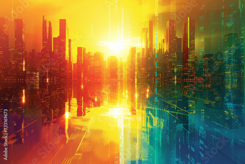 A colorful and futuristic background with cityscape as well as the sun on top.