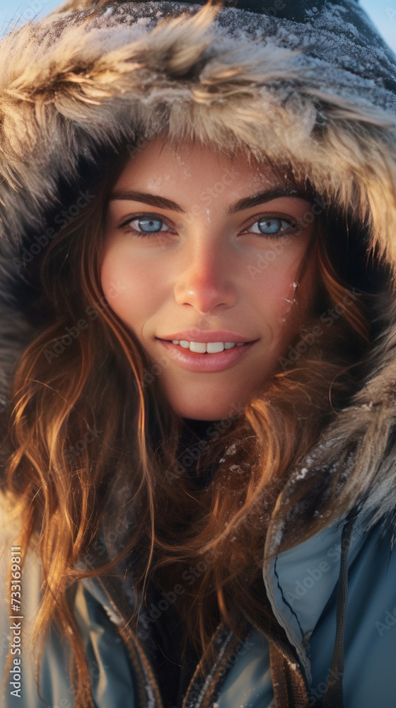 A happy beautiful woman traveler in the arctic. Ice and snow on eyelashes, face and clothes. Cold polar climate. Extreme travel and expeditions to the Arctic.