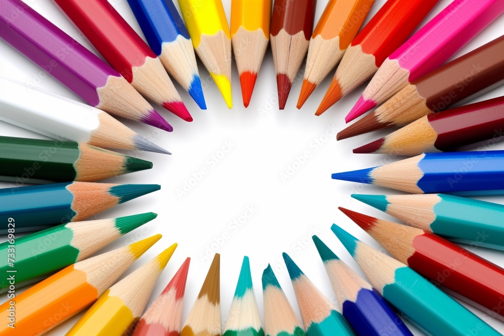 A vibrant array of colored pencils arranged in a circular pattern with tips pointing inwards, creating a striking white space in the center perfect for educational themes, art projects, or creative A vibrant array of colored pencils arranged in a circular pattern with tips pointing inwards, creating a striking white space in the center perfect for educational themes, art projects, or creative