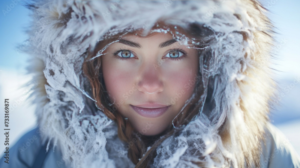 A happy beautiful woman traveler in the arctic. Ice and snow on eyelashes, face and clothes. Cold polar climate. Extreme travel and expeditions to the Arctic. A happy beautiful woman traveler in the arctic. Ice and snow on eyelashes, face and clothes. Cold polar climate. Extreme travel and expeditions to the Arctic.