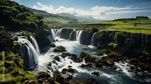 A top view of a cascading waterfall surrounded by lush greenery, with blue skies and fluffy clouds above, capturing the power and serenity of nature's wonders