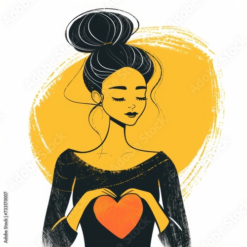 modern doodle style illustration woman with heart in hands