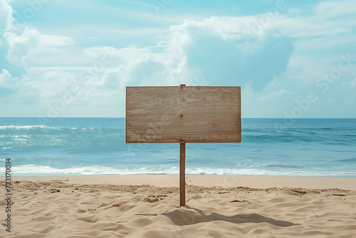 Wooden sign board on beach at seaside.