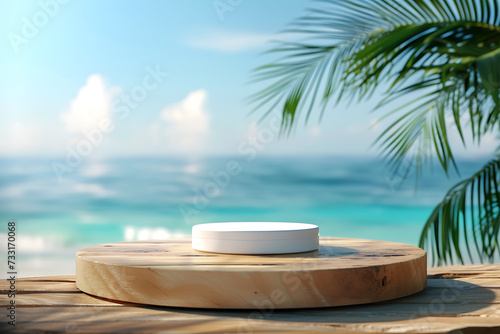 Summer wooden podium for product at sea tropical beach.