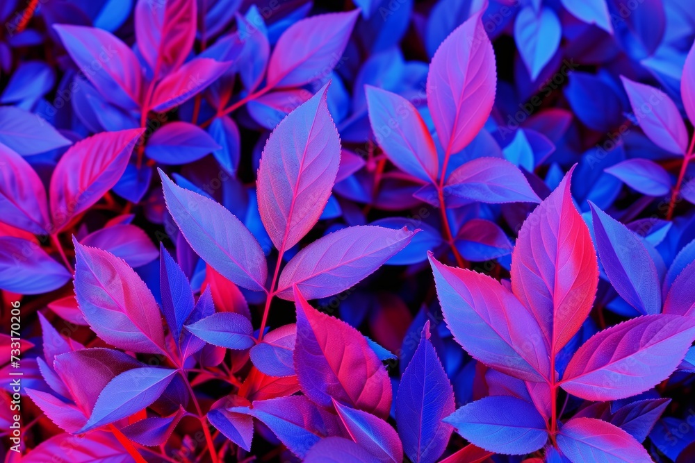 A surreal view of leaves under ultraviolet illumination showcasing bright hues of blue and pink, which emphasizes the intricate details and patterns of the foliage. A surreal view of leaves under ultraviolet illumination showcasing bright hues of blue and pink, which emphasizes the intricate details and patterns of the foliage.