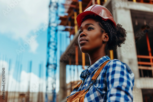 African american woman builder in hardhat and overalls at construction site 