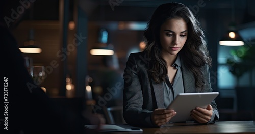 A businesswoman diligently works overtime in her office, engrossed in her tablet. She is focused on reading emails, scrolling through social media posts, checking schedules, and revie