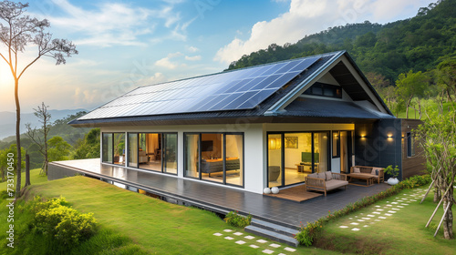 panel solar energy photovoltaic power roof sun home cell system greenhouse eco industry. sunset nature