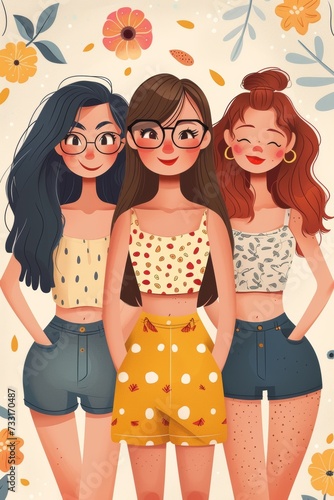 modern flat illustration happy 3 women