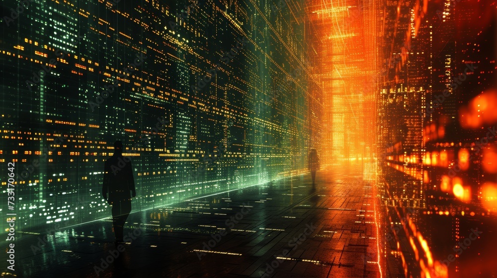 A matrix grid backdrop provides a futuristic setting, enhancing the hacker's enigmatic presence
