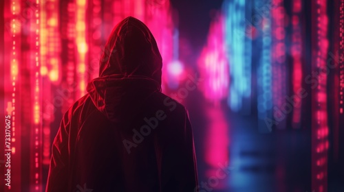 Soft neon glows accentuate the hacker's silhouette, adding a touch of mystery to the scene