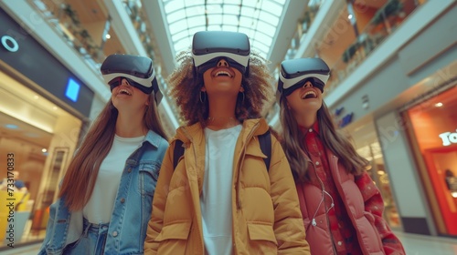 Friends trying out VR experiences in a mall, their animated reactions catching the attention of passersby photo