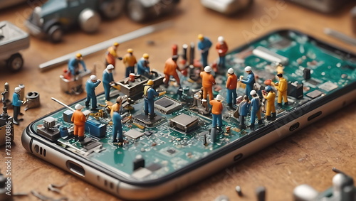 A group of intricately detailed miniature individuals engaged in repairing the internal workings of an smartphone. photo